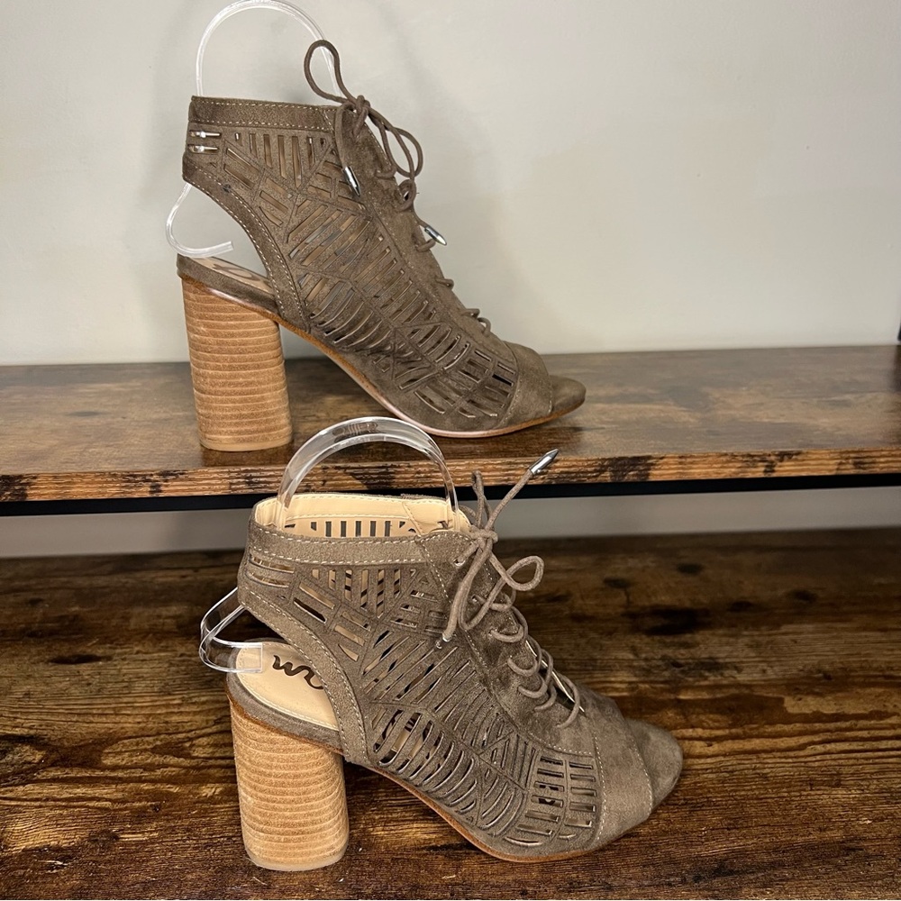 Sam Edelman Rocco Brown Suede Leather CutOut Open Toe Laces Block Heel Women 7.5
